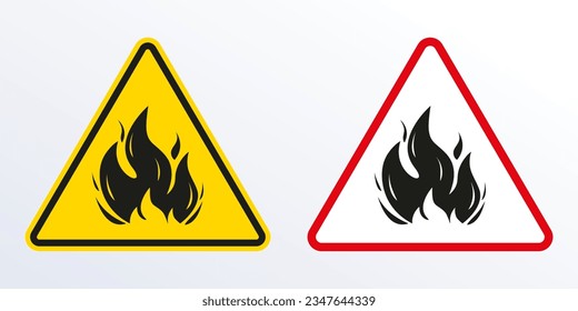 Fire warning signs. Flammable icon. Flame, danger triangle label. Vector illustration.