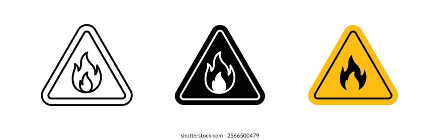 Fire warning signs flat and linear vector illustration on white background.