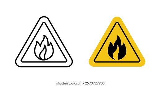 Fire warning signs vectors set in black and red colors on white background.