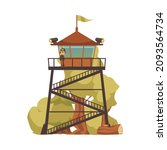 Fire watch tower. Female ranger look at the forest with binoculars to detect smoke of wildfire, cartoon vector illustration. Fire lookout tower or watchtower .