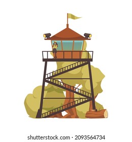 Fire watch tower. Female ranger look at the forest with binoculars to detect smoke of wildfire, cartoon vector illustration. Fire lookout tower or watchtower .