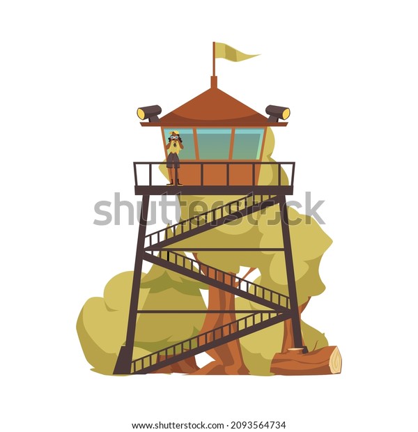 Fire watch tower. Female ranger
look at the forest with binoculars to detect smoke of wildfire,
cartoon vector illustration. Fire lookout tower or watchtower
.