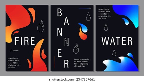 Fire and water banners set. Comparison of two elements of nature. Covers and posters. Template for flyers and booklets. Cartoon flat vector collection isolated on grey background