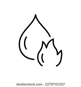 Fire with water drop line icon. Fire safety, fire extinguisher, fireman, ignition, matches, water, hydrant. Security concept. Vector line icon on white background
