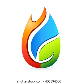 fire, water drop and tree leaf - vector icon