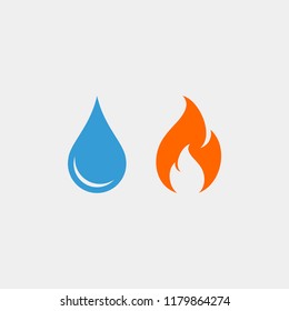 Fire and water flat vector icons. Flame and drop flat vector icons