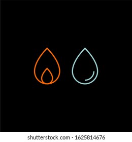 Fire and water flat vector icons. Flame and drop flat vector icons