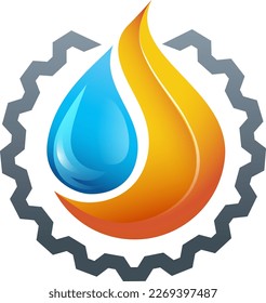 Fire, Water and Gear elements vector for HVAC, Climate, Natural, or Oil Company Logo Icon Emblem Design Concept.