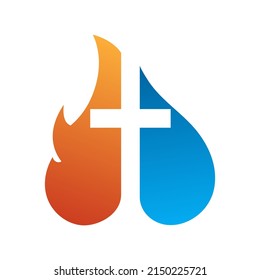 Fire and Water logo with christ cross symbol in between. Illustration of flame and water drop. Combination concept of fire, water, cross, ice.
