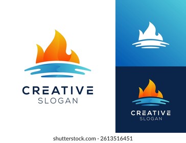 Fire with water or melting ice logo design for temperature regulation or global warming