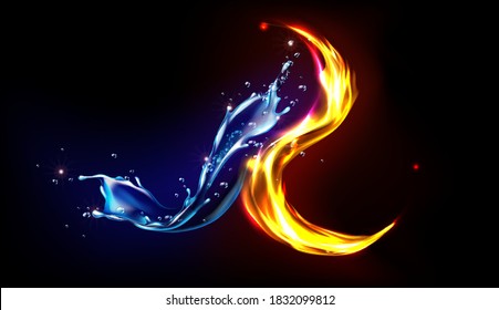 Fire and water splash abstract design, opposites unite concept, blue liquid aqua with splashing drops and blazing wave with flying sparks isolated on black background Realistic 3d vector illustration