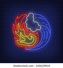 Fire and water yin yang neon sign. Nature, balance, tao design. Night bright neon sign, colorful billboard, light banner. Vector illustration in neon style.