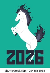 Fire white horse 2026. Greeting card 2026, year of the Horse. Vector illustration