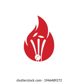 Fire wickets and ball logo .Fire cricket player vector logo design. Cricket fire gear logo icon.