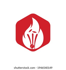 Fire wickets and ball logo .Fire cricket player vector logo design. Cricket fire gear logo icon.