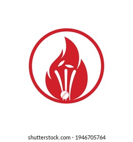 Fire wickets and ball logo .Fire cricket player vector logo design. Cricket fire gear logo icon.