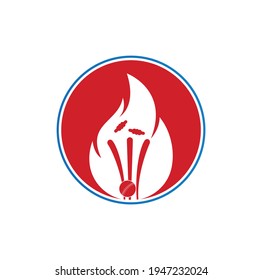 Fire wickets and ball logo .Fire cricket player vector logo design. Cricket fire gear logo icon.