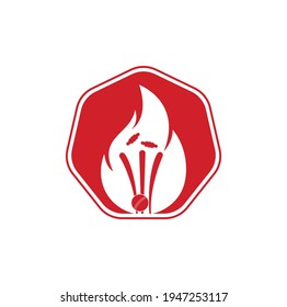 Fire wickets and ball logo .Fire cricket player vector logo design. Cricket fire gear logo icon.