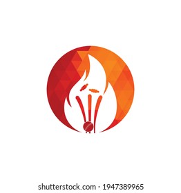 Fire wickets and ball logo .Fire cricket player vector logo design. Cricket fire gear logo icon.