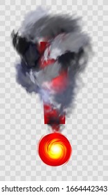 Fuego, incendio, ignición, peligro. Logo de advertencia de peligro de incendio. El fuego de humo de la ang envuelve un signo de exclamación rojo. Símbolo con transparencia en un fondo de cuadros claros. Ilustración del vector