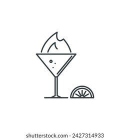 Fire, wineglass, glass, lemon, alcohol, bar, party icon, vector illustration