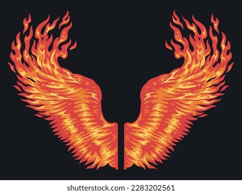 Fire wings detailed emblem colorful with fiery wings of angel of inferno for devilish decorations vector illustration