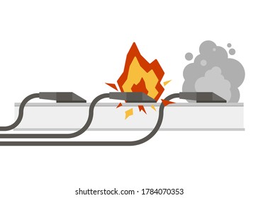 Fire wiring. Electric circuit of cable with fire, smoke, sparks. Set of sockets with cords. Socket and plug on fire from overload. Short circuit electrical circuit. Broken electrical connection.Vector