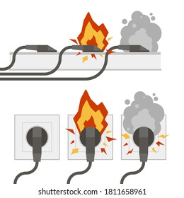 Fire wiring. Electric circuit of cable with fire, smoke, sparks. Set of sockets with cords. Socket and plug on fire from overload. Short circuit electrical circuit. Broken electrical connection.Vector