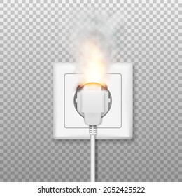 Fire wiring. Realistic socket and plug on fire from overload. Electrical safety concept. Short circuit electrical circuit. Vector illustration. Eps 10.
