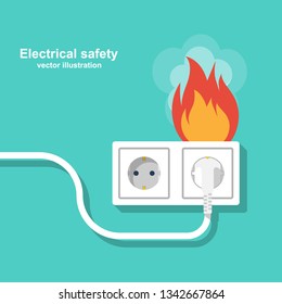 Fire wiring. Socket and plug on fire from overload. Electrical safety concept. Vector illustration flat design. Isolated on background. Short circuit electrical circuit. Broken electrical connection.