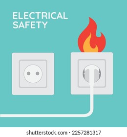 Fire wiring. Socket and plug on fire from overload. Electrical safety concept. Vector illustration flat design. Isolated on background. Short circuit electrical circuit. Broken electrical connection.