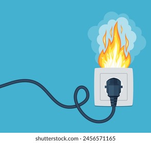 Fire wiring. Socket and plug on fire from overload. Electrical safety concept. Short circuit electrical circuit. Broken electrical connection