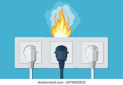 Cableado contra incendios. Enchufe y enchufe al fuego por sobrecarga. Concepto de seguridad eléctrica. Cortocircuito en el circuito eléctrico. Conexión eléctrica rota