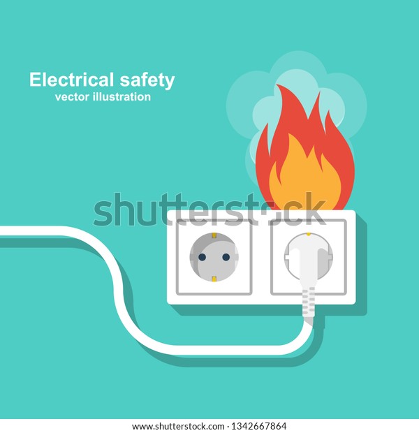 Fire wiring. Socket and plug on fire from\
overload. Electrical safety concept. Vector illustration flat\
design. Isolated on background. Short circuit electrical circuit.\
Broken electrical\
connection.