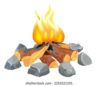 Fire wood and campfire icon isolated on white background for web, print, decoration, bonfire night. Campfire burning woodpile isolated on white background. Bonfire vector