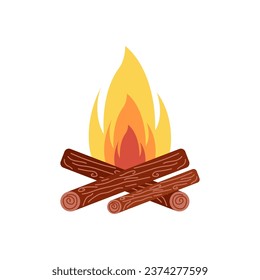 Fuego con madera sobre fondo blanco. Senderismo. Dibujo artístico naif del doodle vectorial.
