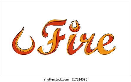 Fire word isolated on white background. Stock vector illustration of letters in red orange colors with flames element. Mbe style.