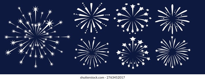 Fire work collection on black background. Fireworks backdrop vector illustration