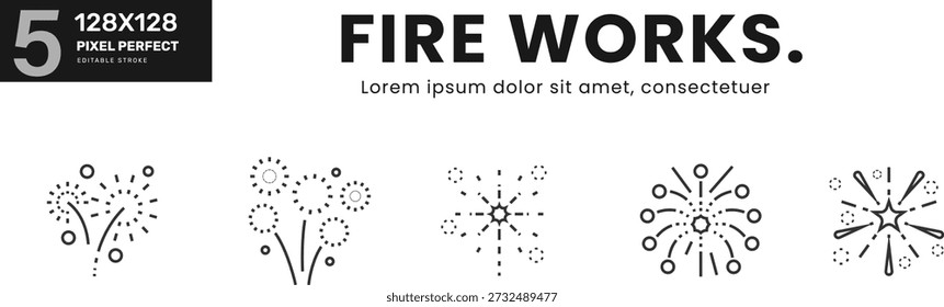 Fire works line Icon Set collection . rocket, rockets, salute, display, explosion, burst.  Isolated Vector Illustration	