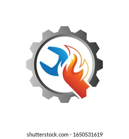 fire wrench and gear colorful vector logo illustration