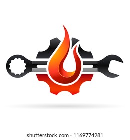fire, wrench and gear wheel - plumbing or gas pipeline emblem