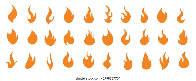 Fire yellow orange icons set for design. Flame in flat style. Fire symbol. Burning hot flame.