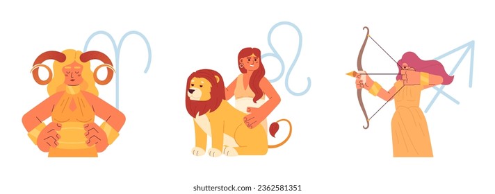 Fire zodiac signs flat concept vector spot illustration set. Aries, leo, sagittarius. Woman signs 2D cartoon characters on white for web UI design. Astrology isolated editable creative hero image pack