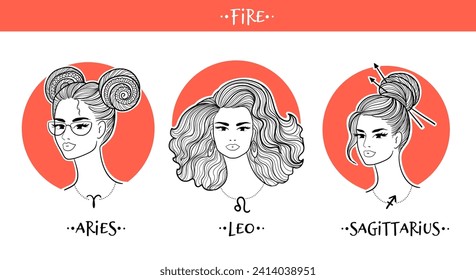 Fire zodiac signs girls collection. Vector illustration of beautiful women. Aries, Leo and Sagittarius horoscope set.