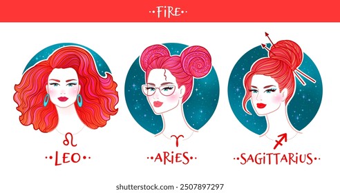 El zodiaco de fuego señala la colección de las niñas. Ilustración de color de Vector de mujeres hermosas. Conjunto de horóscopo de Aries, Leo y Sagitario.