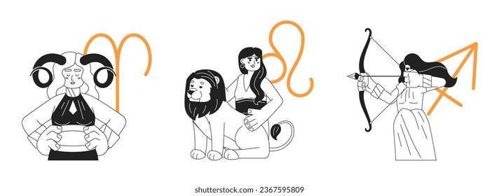 Fire zodiac signs monochrome concept vector spot illustration set. Woman signs 2D flat bw cartoon characters for web UI design. Astrology isolated editable hand drawn hero image pack