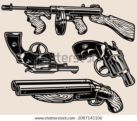 Firearm elements vintage composition in monochrome style with revolvers tommy gun and short barreled shotgun isolated vector illustration