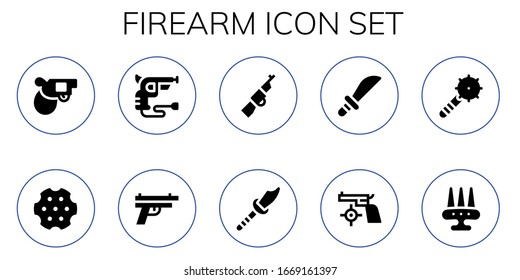 firearm icon set. 10 filled firearm icons.  Simple modern icons such as: Pistol, Revolver, Gun, Rifle, Weapon, Weapons