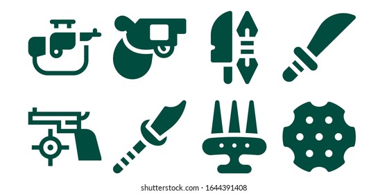 firearm icon set. 8 filled firearm icons. Included Gun, Rifle, Weapon, Pistol, Revolver, Weapons icons