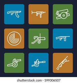 firearm icons set. Set of 9 firearm outline icons such as radar, cannon